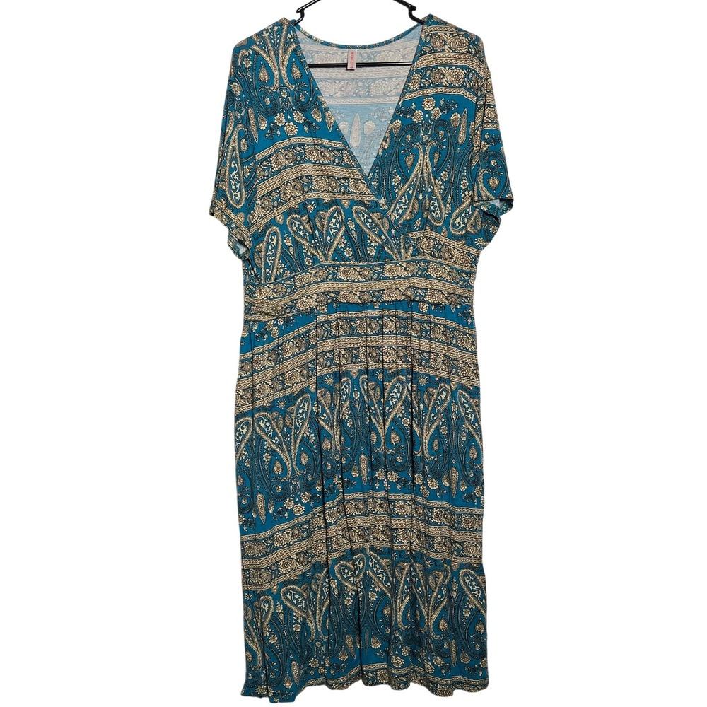 Paisley Faux Wrap Midi Dress Plus 3XL Boho Summer Stretch Comfy Casual Hippie